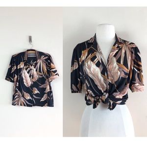 vintage 70s top psychedelic blouse high waist plant print cropped boho hippie